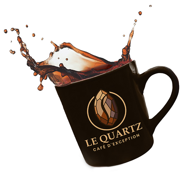 Le Quartz Cafe Logo on a cup of coffee